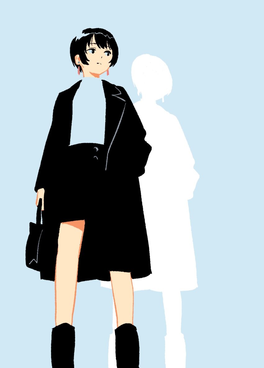 1girl, bag, black_coat, black_hair, black_skirt, blending, blue_background, blue_shirt