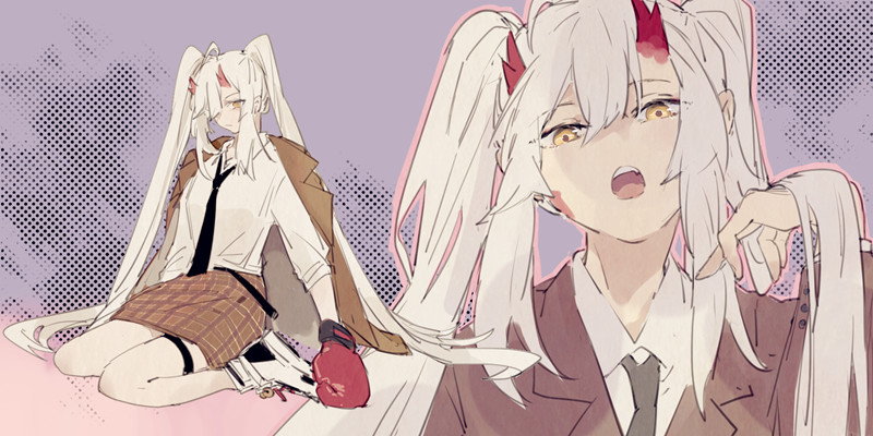 1girl, black_necktie, collared_shirt, genderswap, hair_between_eyes, horns, ibaraki_douji_(onmyoji), jacket