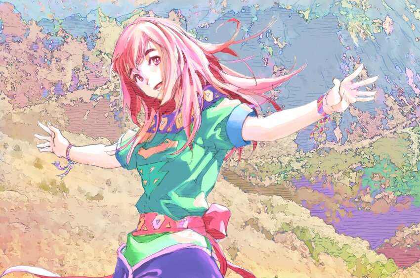 1girl, absurdres, breasts, commentary, elle_(tenchi_souzou), fujiwara_kamui, green_tunic, hashtag-only_commentary