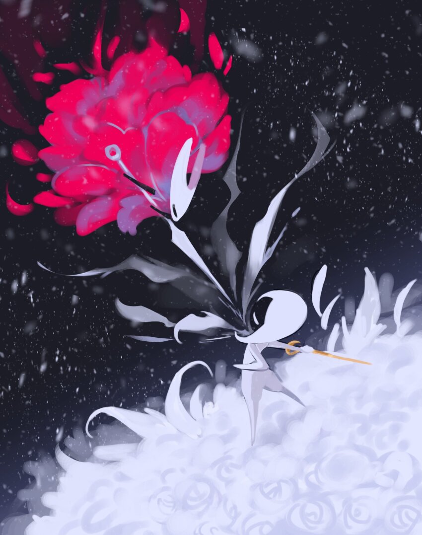 2girls, arthropod_girl, attack, black_eyes, black_skin, boss_fight, cloak, colored_skin, flower, full_body, highres, holding, holding_weapon, hollow_eyes, hollow_knight, hollow_knight:_silksong, horned_mask, hornet_(hollow_knight), horns, lace_(hollow_knight), mask, multiple_girls, needle_(hollow_knight), petals, pin_(hollow_knight), red_cloak, standing, sunmk_s2, weapon, white_eyes, white_flower, white_mask