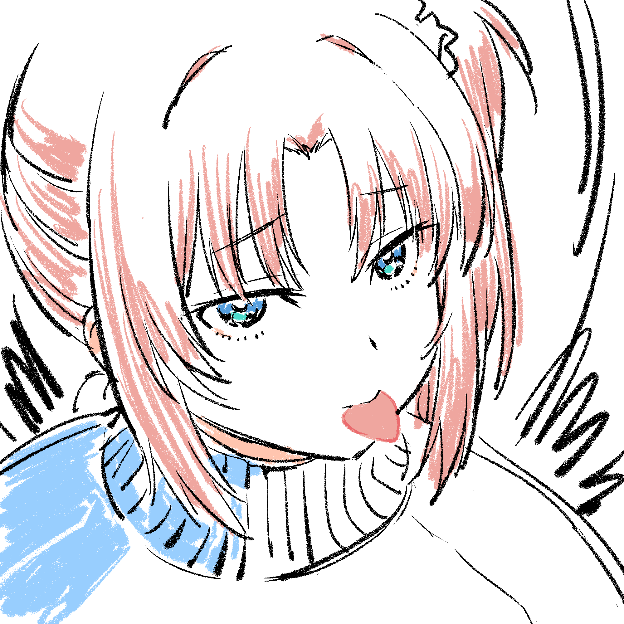 1girl, blue_eyes, blue_sweater, highres, kamiina_botan_yoeru_sugata_wa_yuri_no_hana, looking_at_viewer, mouth_hold, nazo_no_anime-dan