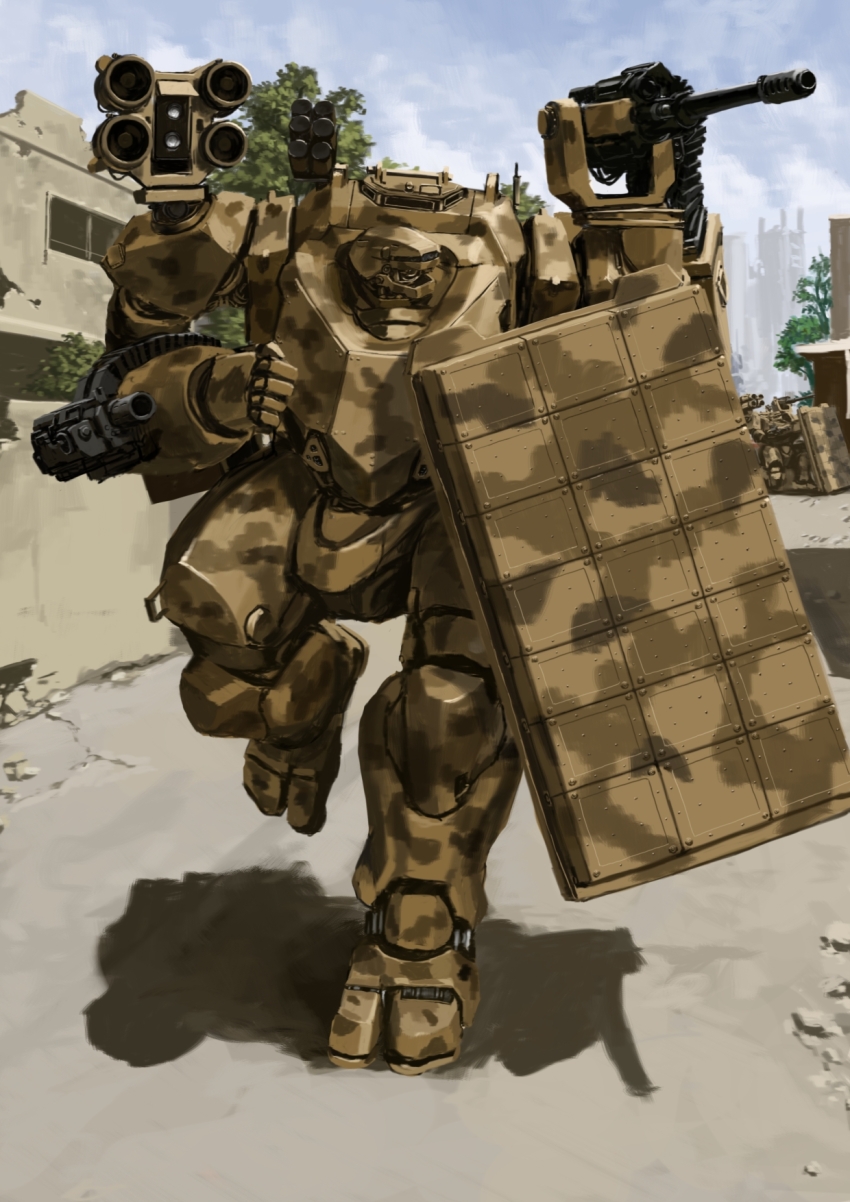 arm_mounted_weapon, blue_sky, camouflage, cloud, gun, highres, holding, holding_shield