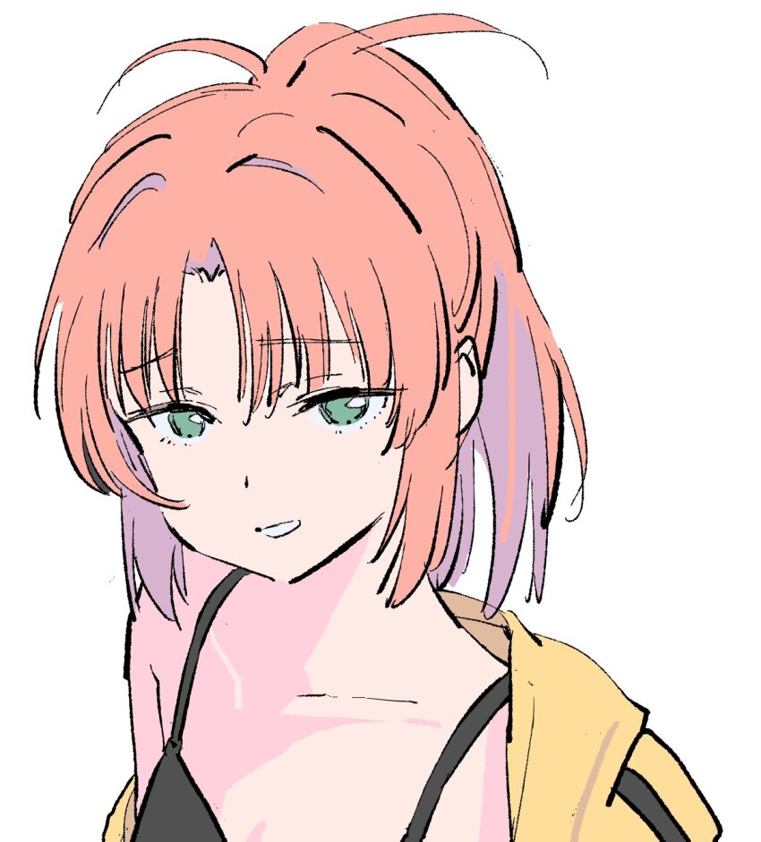 1girl, black_bra, bra, green_eyes, highres, jacket, kamiina_botan_yoeru_sugata_wa_yuri_no_hana, long_hair