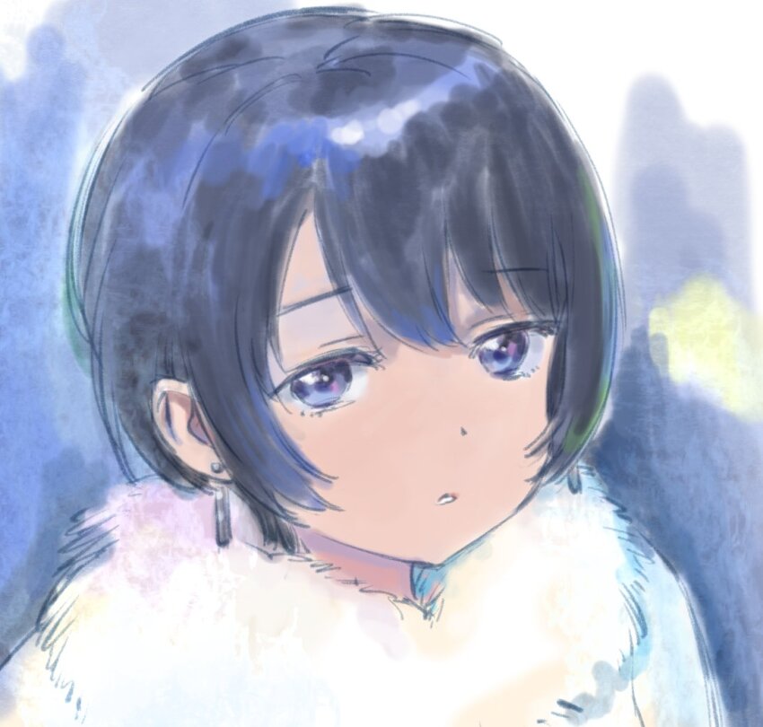 1girl, black_hair, blue_background, earrings, fur_collar, jewelry, kamiina_botan_yoeru_sugata_wa_yuri_no_hana, nazo_no_anime-dan
