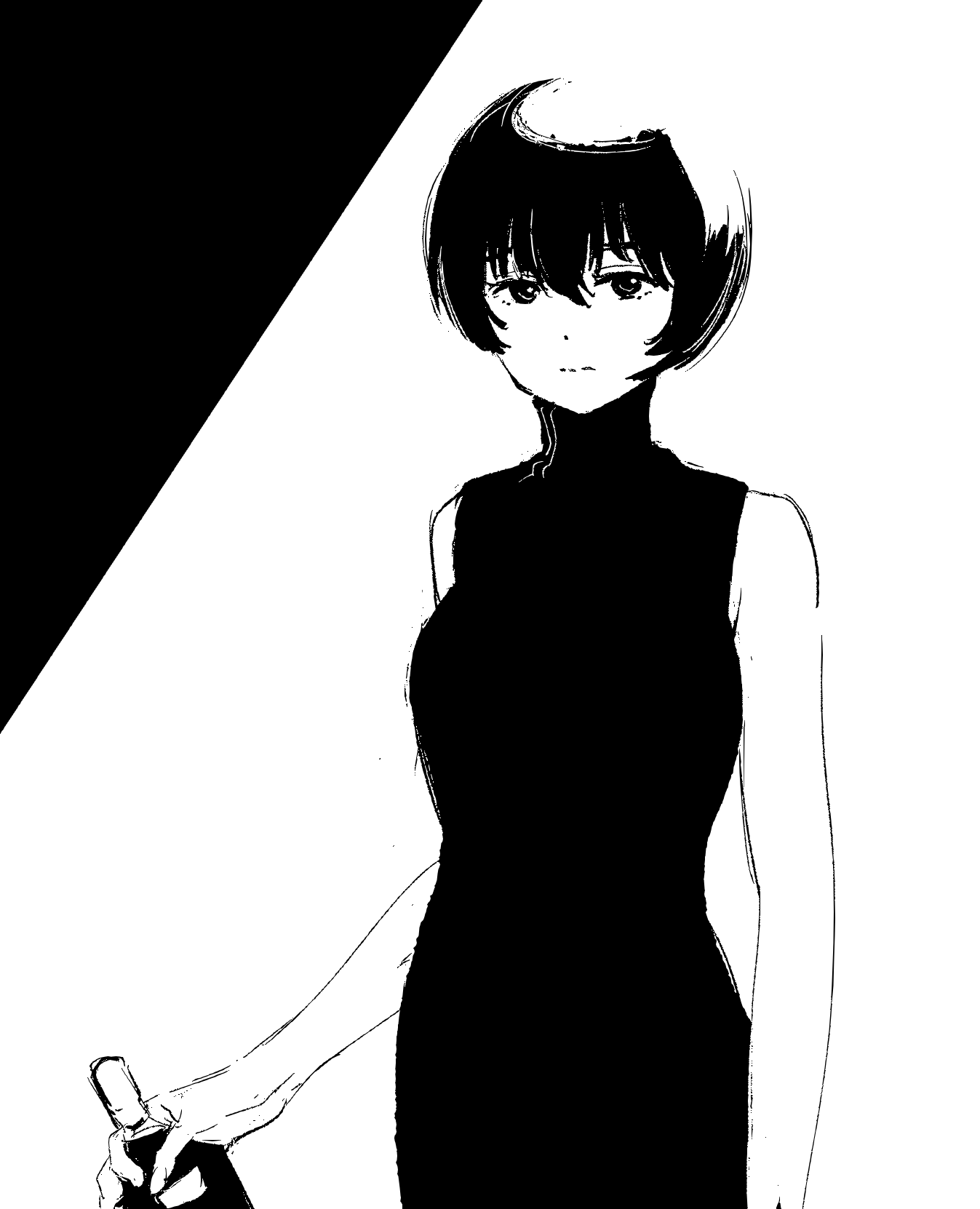 1girl, alcohol, bottle, closed_mouth, dress, expressionless, greyscale, highres, holding, holding_bottle, kamiina_botan_yoeru_sugata_wa_yuri_no_hana, looking_at_viewer, monochrome, nazo_no_anime-dan, short_hair, sleeveless, sleeveless_dress, solo, zhang_jinglan