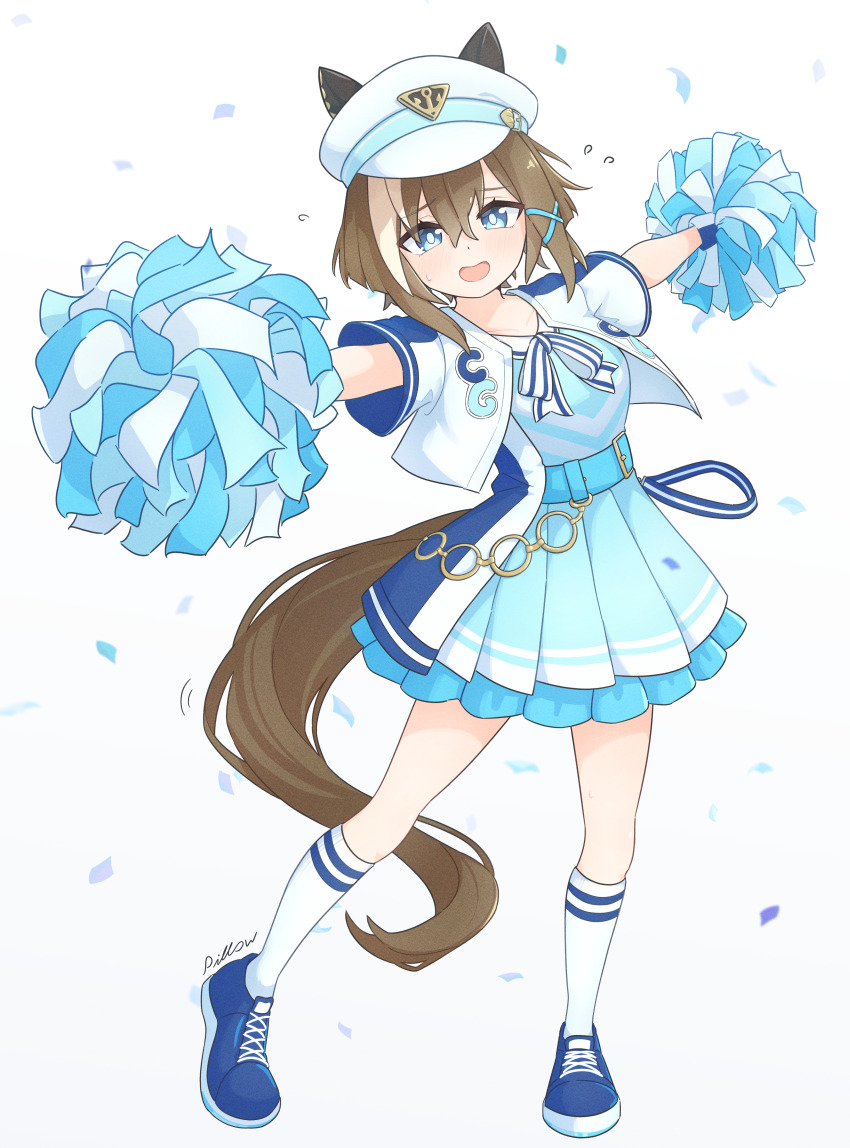 1girl, absurdres, belt, blue_eyes, blush, breasts, brown_hair, cheerleader