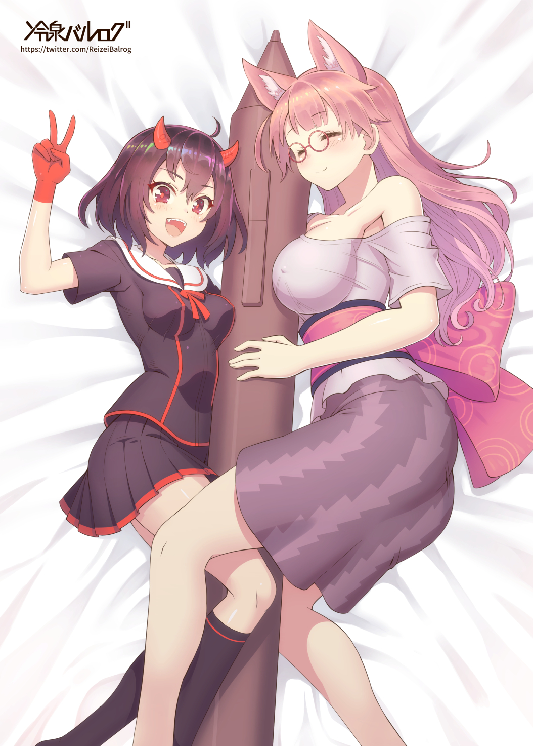 2girls, :d, animal_ear_fluff, animal_ears, artist_name, bare_legs, bare_shoulders, bed_sheet