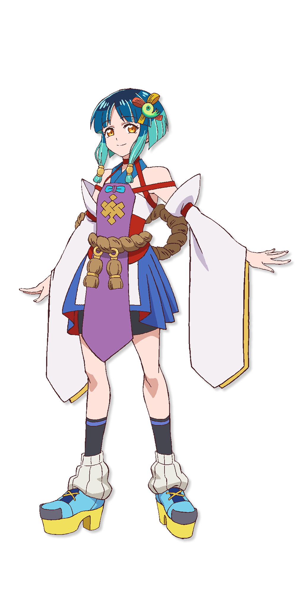 1girl, bare_shoulders, full_body, green_hair, hair_ornament, highres, japanese_clothes, kimono