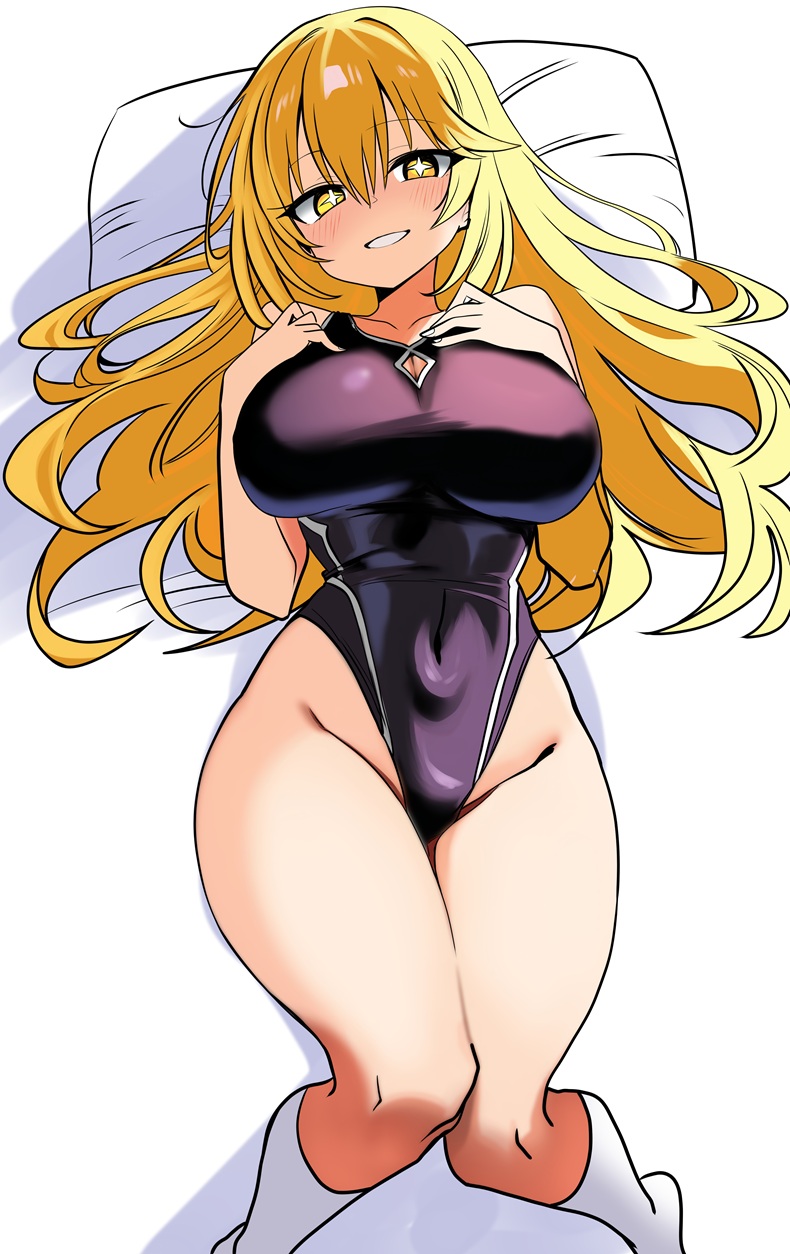 1girl, bare_hips, black_one-piece_swimsuit, blonde_hair, breasts, bright_pupils, cleavage, cleavage_cutout, clothing_cutout, commentary_request, competition_swimsuit, covered_navel, diamond_cutout, from_above, hair_between_eyes, hands_on_own_chest, head_on_pillow, highleg, highleg_one-piece_swimsuit, highres, huge_breasts, kneehighs, long_hair, looking_at_viewer, lying, no_gloves, on_back, one-piece_swimsuit, parted_lips, partial_commentary, pillow, r_harbinger, shokuhou_misaki, smile, socks, solo, star-shaped_pupils, star_(symbol), swimsuit, symbol-shaped_pupils, toaru_kagaku_no_mental_out, toaru_kagaku_no_railgun, toaru_majutsu_no_index, white_mouth, white_pupils, white_socks, yellow_eyes