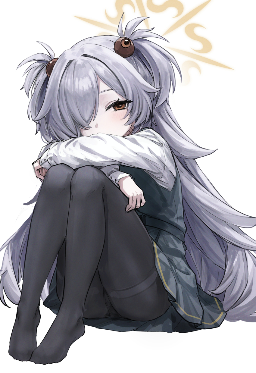 1girl, absurdres, arms_on_knees, black_pantyhose, blue_archive, brown_eyes, brown_halo, commentary