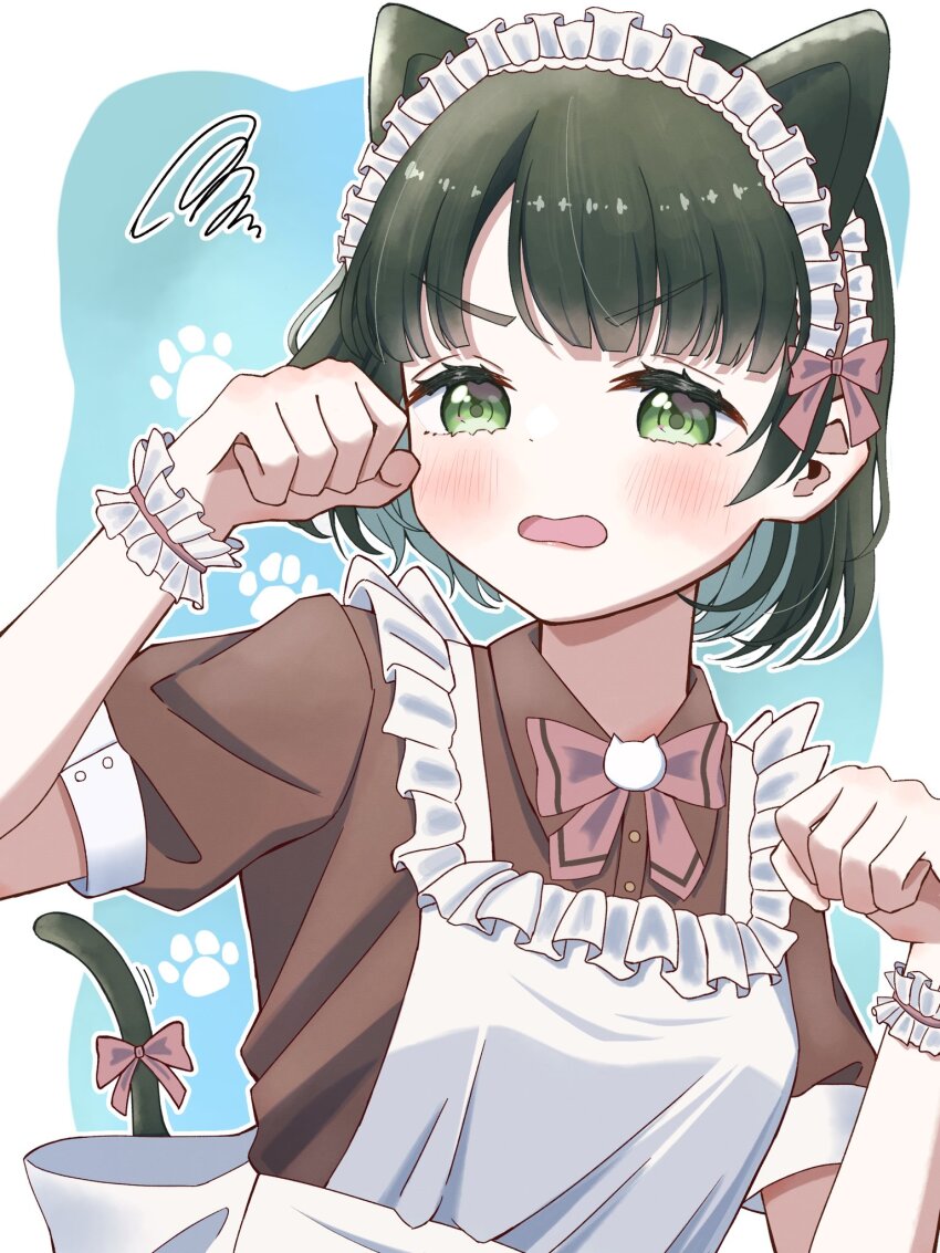 1girl, animal_ears, blue_background, blue_eyes, blush, border, bow, bowtie