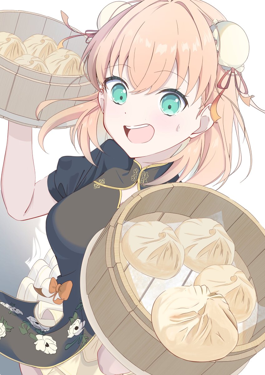 1girl, :d, absurdres, aqua_eyes, bamboo_steamer, black_shirt, breasts, bun_cover