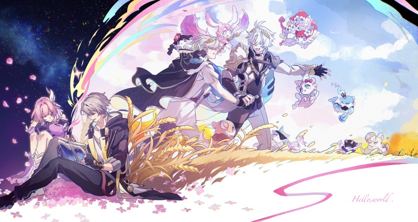 1girl, 2boys, absurdres, aglaea_(honkai:_star_rail), anaxa_(honkai:_star_rail), animal, animal_in_clothes, animal_on_shoulder, animalization, antenna_hair, armor, black_cape, black_choker, black_gloves, black_jacket, black_pants, black_shirt, black_shoes, book, bug, butterfly, caelus_(honkai:_star_rail), cape, castorice_(honkai:_star_rail), cerydra_(dux_beast)_(honkai:_star_rail), cerydra_(honkai:_star_rail), chimera_(honkai:_star_rail), chinese_commentary, choker, cipher_(honkai:_star_rail), closed_eyes, closed_mouth, coat, commentary_request, cyrene_(honkai:_star_rail), cyrene_(philia093)_(honkai:_star_rail), dan_heng_(honkai:_star_rail), dan_heng_(permansor_terrae)_(honkai:_star_rail), dan_heng_(toasty_dragon)_(honkai:_star_rail), english_text, evernight_(gummy_roll)_(honkai:_star_rail), evernight_(honkai:_star_rail), falling_petals, fingerless_gloves, gloves, grey_hair, grey_pants, grey_shirt, hair_between_eyes, hand_on_own_arm, highres, holding, holding_book, holding_hands, holding_pen, honkai:_star_rail, honkai_(series), hood, hooded_jacket, hyacine_(honkai:_star_rail), hysilens_(honkai:_star_rail), insect, jacket, knees_up, laurel_crown, long_sleeves, lower_teeth_only, march_7th_(honkai:_star_rail), mem_(honkai:_star_rail), multiple_boys, mydei_(honkai:_star_rail), off_shoulder, open_book, open_clothes, open_jacket, open_mouth, outdoors, outstretched_arm, pants, parted_bangs, pen, petals, phainon_(honkai:_star_rail), pink_hair, purple_butterfly, purple_jacket, rongyuan_gulu, sandals, shirt, shoes, short_hair, short_sleeves, shoulder_armor, single_fingerless_glove, sitting, smile, teeth, thigh_strap, three-quarter_sleeves, trailblazer_(honkai:_star_rail), trianne_(honkai:_star_rail), tribbie_(honkai:_star_rail), trinnon_(honkai:_star_rail), wheat_field, white_coat, white_hair, white_sandals, white_shirt, writing