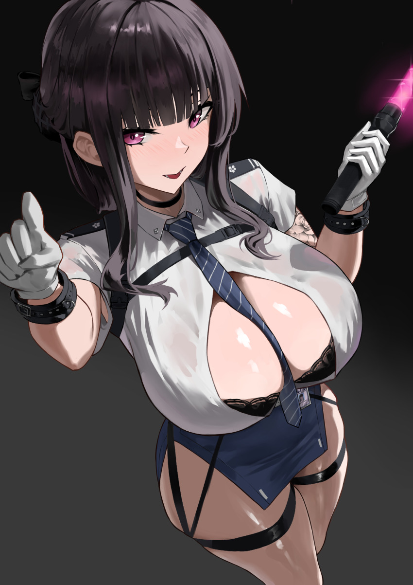 1girl, :d, arm_tattoo, black_bra, black_hair, blue_necktie, blue_skirt, blunt_bangs, bra, bra_peek, breasts, chest_harness, cleavage, collared_shirt, commentary, d_(killer_wife)_(nikke), d_(killer_wife)_(secret_police)_(nikke), d_(nikke), gloves, goddess_of_victory:_nikke, grey_background, hands_up, harness, highres, holding, holding_lightstick, id_card, large_breasts, long_hair, looking_at_viewer, necktie, official_alternate_costume, open_mouth, partially_unbuttoned, pink_eyes, pointing, pointing_at_viewer, police, police_uniform, policewoman, rawoon_d, shirt, short_sleeves, side_slit, sidelocks, skindentation, skirt, smile, solo, standing, tattoo, thigh_strap, underwear, white_gloves, white_shirt, wristband