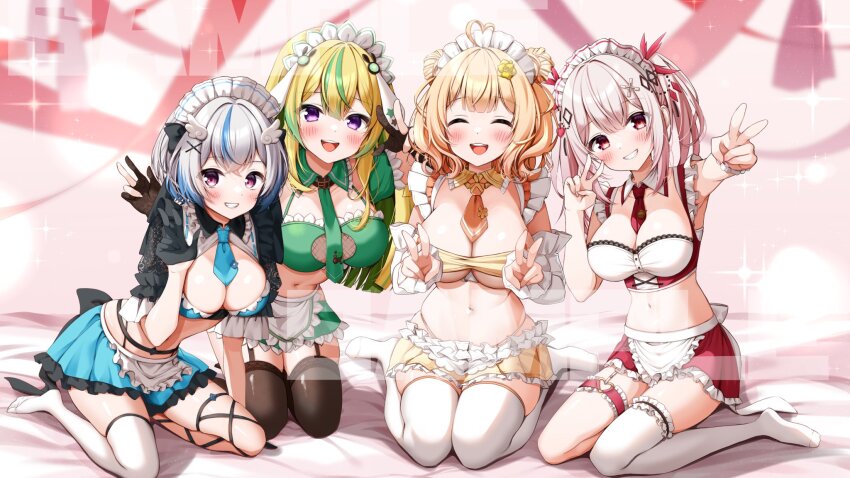 4girls, ^_^, ahoge, anto_mel, apron, asymmetrical_legwear, between_breasts, black_garter_straps