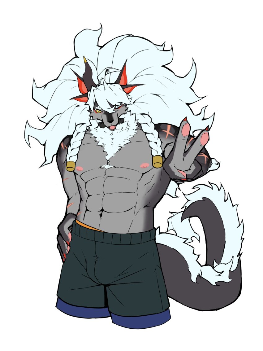1boy, abs, bara, claws, dislyte, extra_ears, furry, furry_male