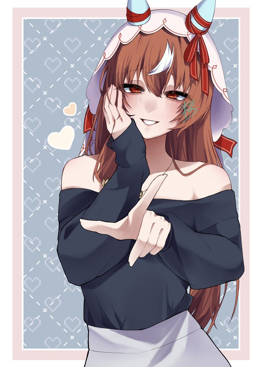 1girl, 2hin03, absurdres, animal_ears, blush, breasts, brown_hair, casual, grin, hair_between_eyes, hair_ornament, hand_on_own_cheek, hand_on_own_face, heart, highres, horse_ears, horse_girl, horse_tail, jewelry, necklace, pointing, pointing_at_viewer, red_eyes, simple_background, small_breasts, smile, solo, still_in_love_(umamusume), tail, umamusume, veil
