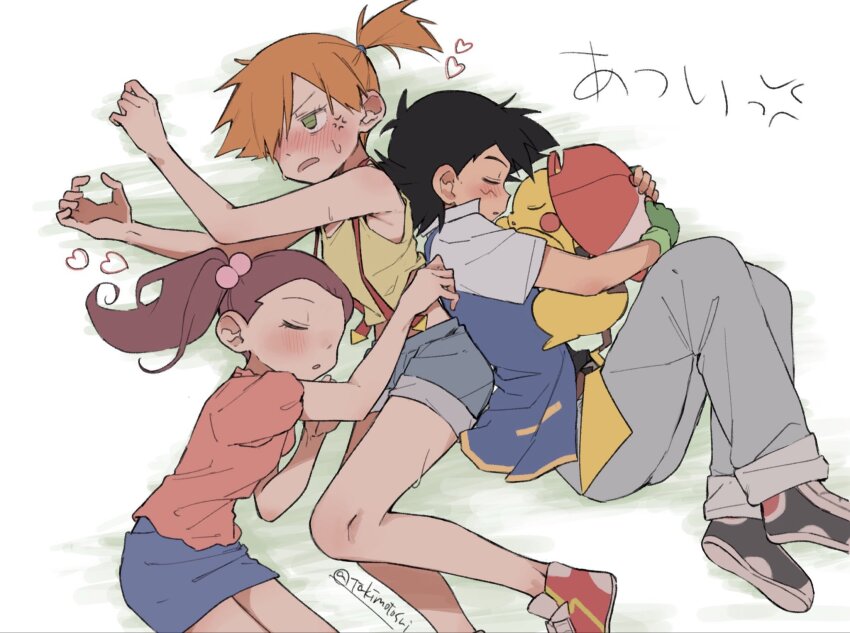 1boy, 2girls, anger_vein, angry, annoyed, ash_ketchum, bare_arms, baseball_cap