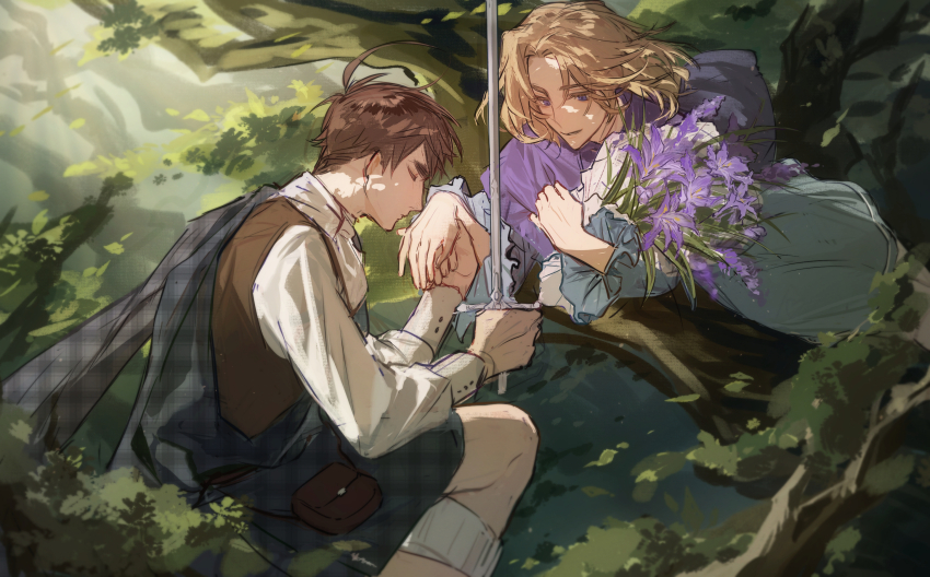 2boys, aged_down, ahoge, axis_powers_hetalia, blonde_hair, bouquet, brown_hair, closed_eyes