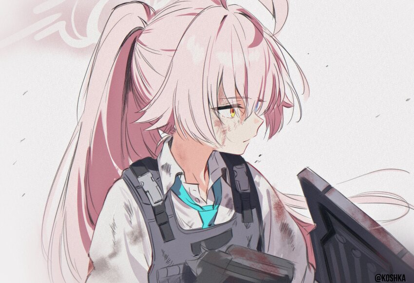 1girl, absurdres, aqua_necktie, blue_archive, bulletproof_vest, chest_holster, closed_mouth, collared_shirt, dirty, dirty_clothes, dirty_face, gun, hair_between_eyes, halo, handgun, heterochromia, highres, holster, holstered, hoshino_(armed)_(blue_archive), hoshino_(blue_archive), koshka_pic, long_hair, necktie, pink_hair, ponytail, shield, shirt, simple_background, solo, twitter_username, upper_body, weapon, white_shirt, yellow_eyes