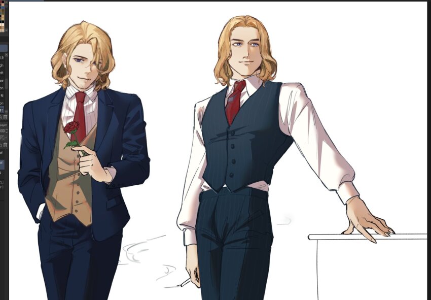 2boys, art_program_in_frame, axis_powers_hetalia, blonde_hair, collared_shirt, crossover, facial_hair, flower