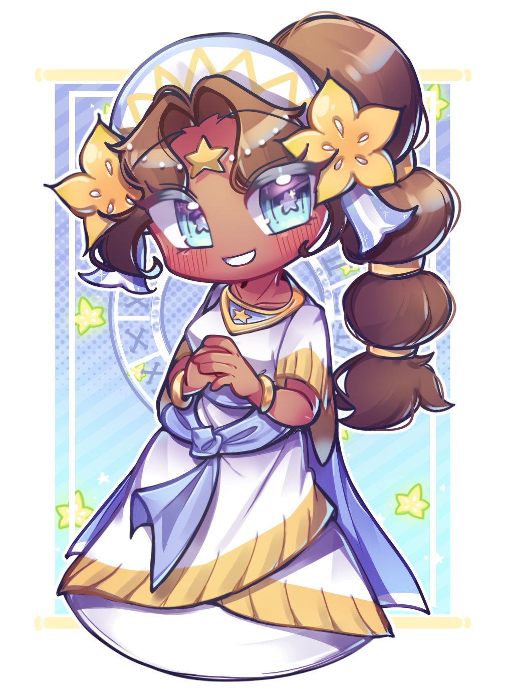 1girl, 9lfylqjnuann3vr, :d, \||/, blue_background, blue_eyes, border, bracelet