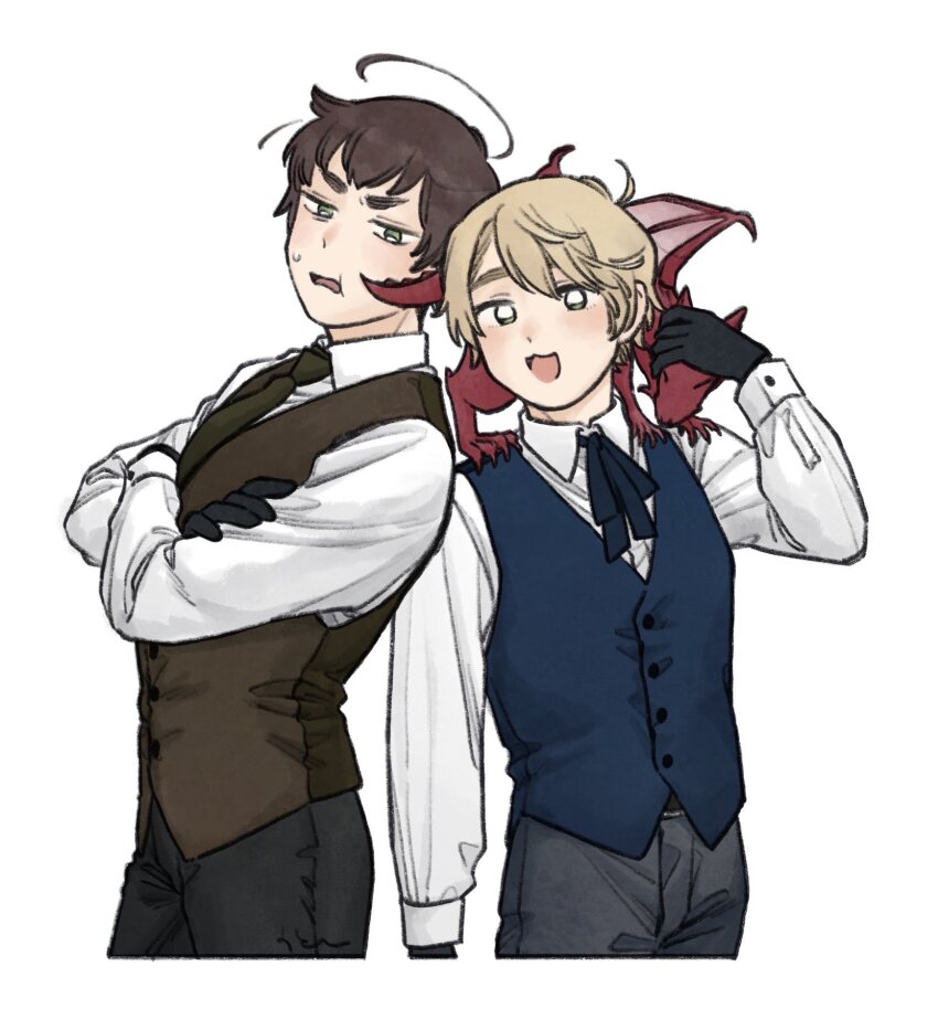 2boys, ahoge, axis_powers_hetalia, blonde_hair, blush, brothers, brown_hair, collared_shirt