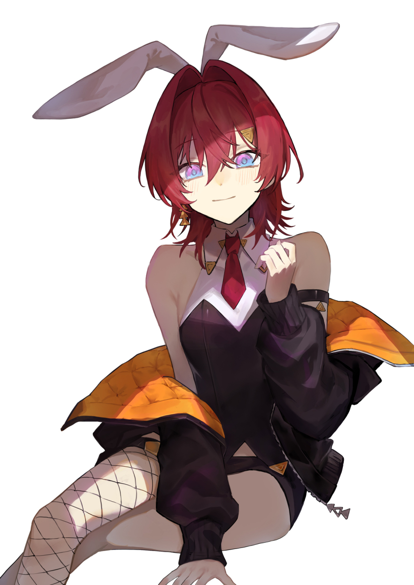 1girl, akiakiyo, ange_katrina, animal_ears, arm_support, armpit_crease, bare_shoulders, black_jacket