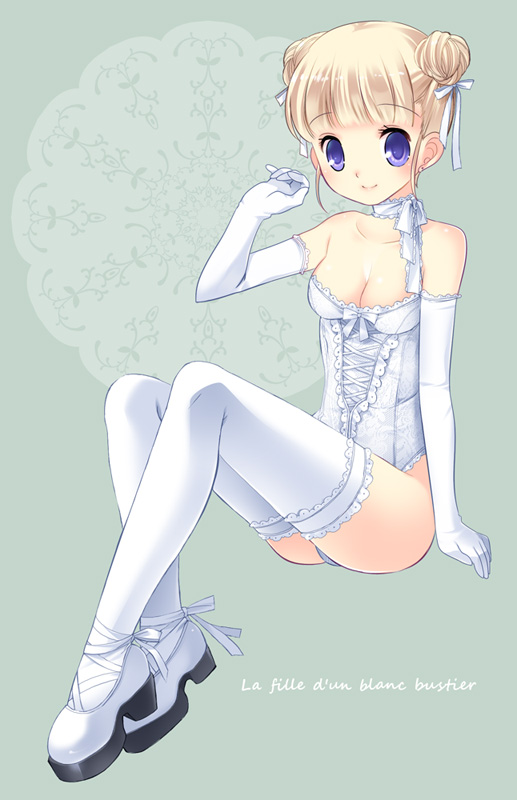 1girl, bad_id, bad_pixiv_id, blonde_hair, blue_eyes, breasts, bustier, cleavage