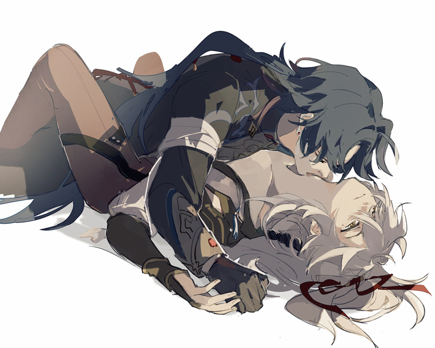 2boys, black_hair, blade_(honkai:_star_rail), chinese_clothes, closed_eyes, hair_between_eyes, hair_ribbon, holding_hands
