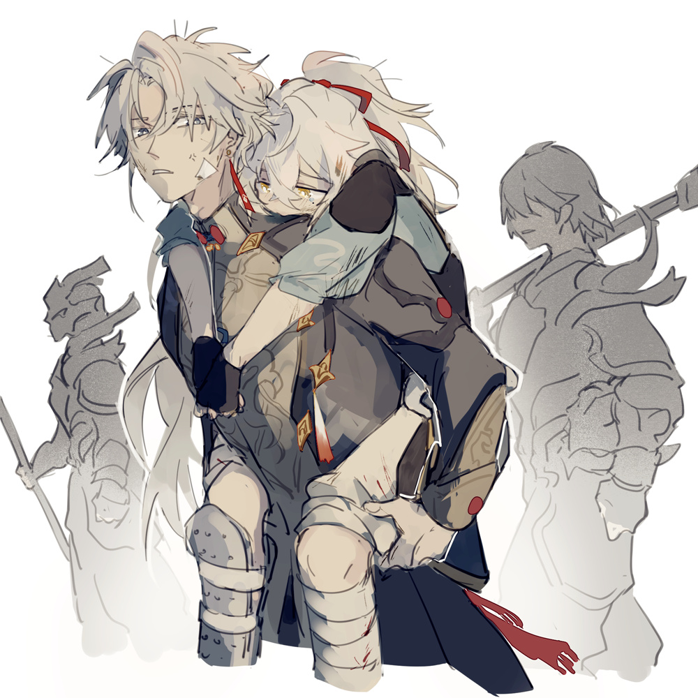 2boys, age_difference, aged_down, armor, bandaged_leg, bandages, black_gloves, blade_(honkai:_star_rail), carrying, fingerless_gloves, gloves, grey_hair, hair_between_eyes, hair_ribbon, holding, honkai:_star_rail, honkai_(series), injury, jing_yuan, long_hair, male_focus, mississipping, multiple_boys, parted_bangs, piggyback, polearm, ponytail, red_ribbon, ribbon, simple_background, weapon, white_background, white_hair, yellow_eyes, yingxing_(honkai:_star_rail)