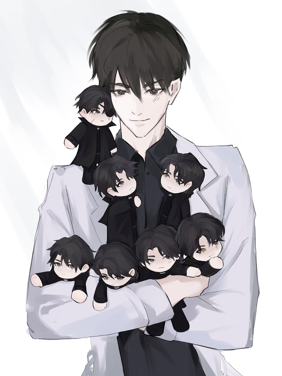 1boy, black_eyes, black_hair, black_shirt, character_doll, clone, coat, collared_shirt, crossed_arms, doll, emosunfish, highres, kim_dokja, looking_at_viewer, mini_person, miniboy, multiple_persona, omniscient_reader's_viewpoint, open_clothes, open_coat, popped_collar, shirt, short_hair, too_many_clones, upper_body, white_coat, yoo_joonghyuk, yoo_joonghyuk_(999th_turn)