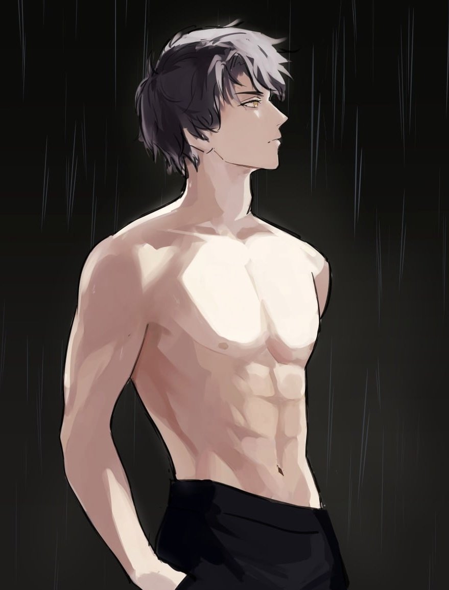 1boy, abs, black_hair, cowboy_shot, curtained_hair, emosunfish, hands_in_pockets, hashtag-only_commentary