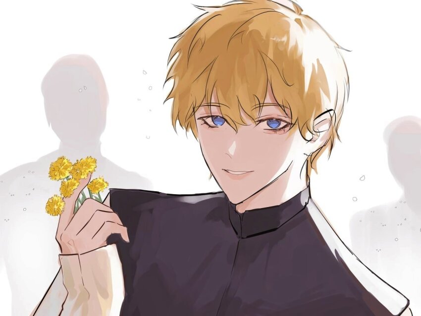 1boy, :d, aegyo_sal, backlighting, black_shirt, blonde_hair, blue_eyes, dandelion