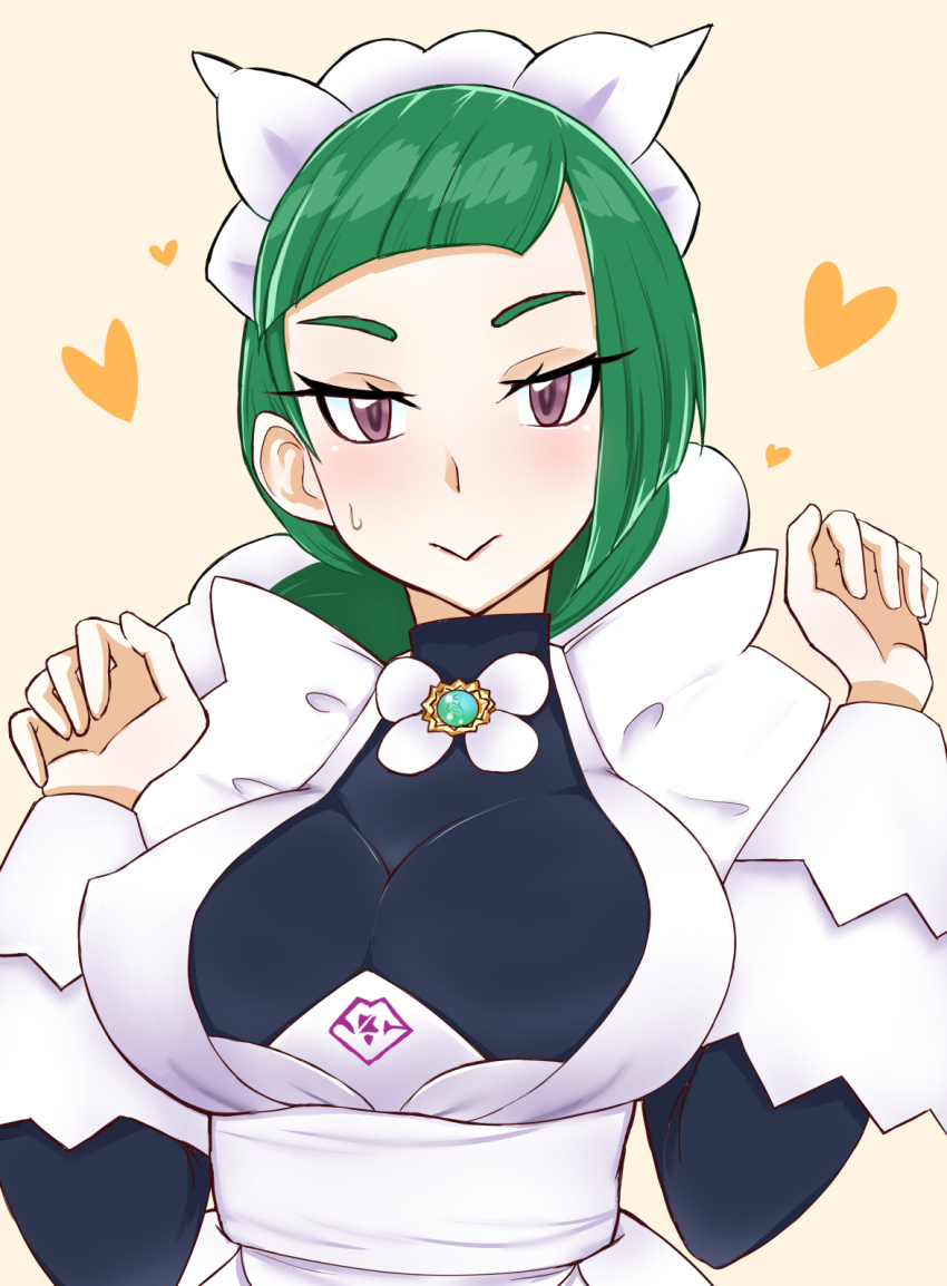 akaomisn, apron, aqua_hair, ascot, black_romper, blunt_bangs, bow, bowtie, braid, braided_ponytail, frilled_ascot, frills, half-closed_eyes, highres, juliet_sleeves, lebanne_(pokemon), long_braid, long_hair, long_sleeves, maid, maid_apron, maid_headdress, nintendo, pokemon, pokemon_legends:_z-a, puffy_sleeves, romper, smile, sweatdrop, white_bow, white_bowtie