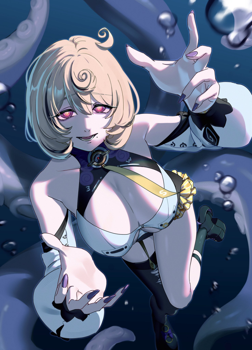 1girl, accessories, asymmetrical_shorts, bare_shoulders, black_shoes, blonde_hair, breasts, bubble