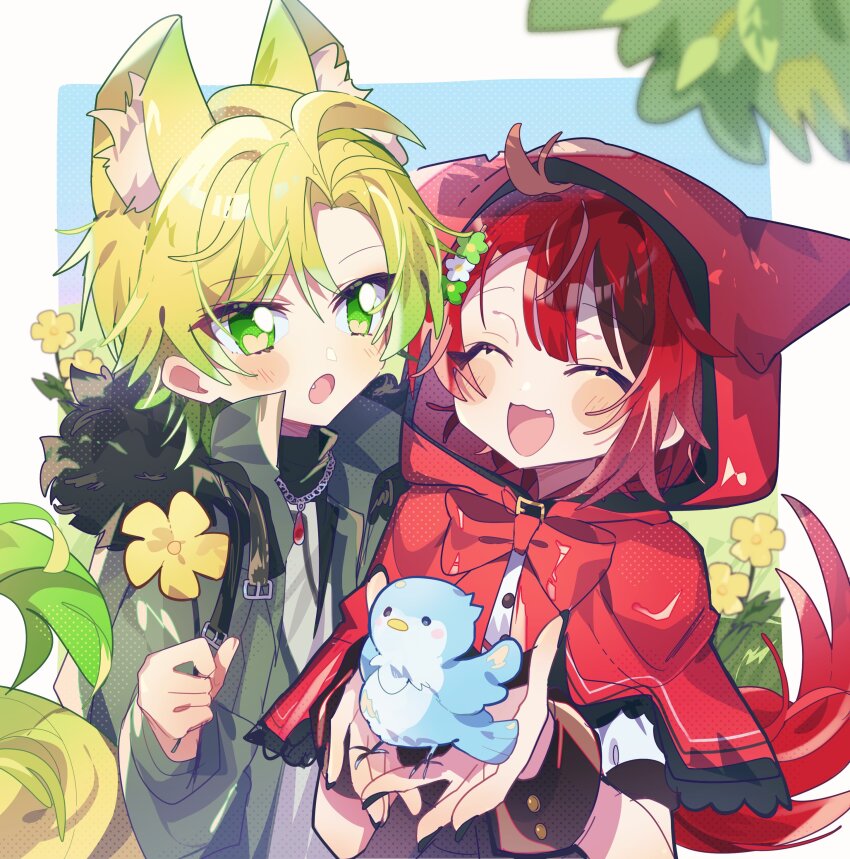2boys, absurdres, amptakxcolors, animal, animal_ear_hood, animal_ears, bird, blonde_hair
