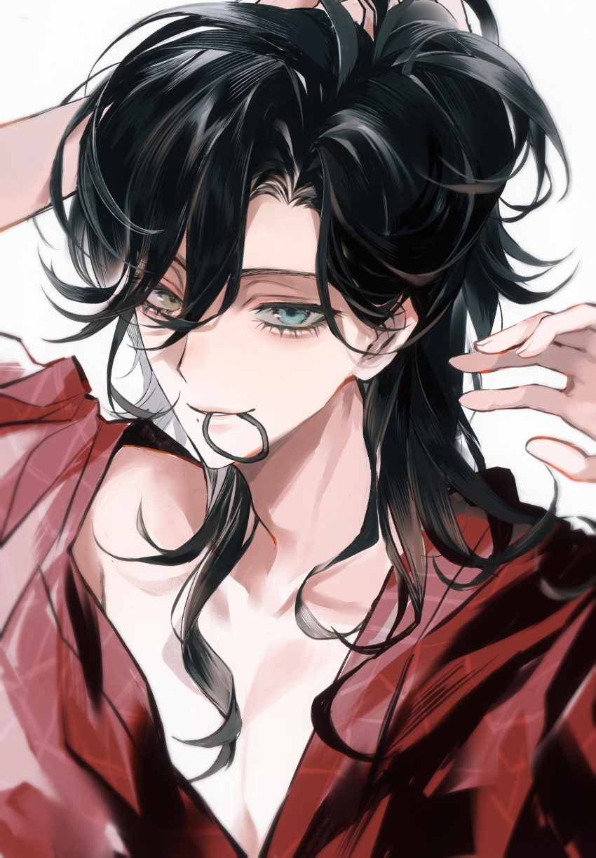 1boy, absurdres, arms_up, black_hair, blue_eyes, chinese_commentary, commentary_request, curtained_hair, especiala, hair_between_eyes, hair_over_one_eye, hair_tie, hair_tie_in_mouth, hand_up, heterochromia, highres, holding, holding_own_hair, identity_v, low_neckline, male_focus, medium_hair, mole, mole_under_mouth, mouth_hold, red_shirt, richard_sterling, shirt, short_sleeves, simple_background, smile, solo, upper_body, white_background, yellow_eyes