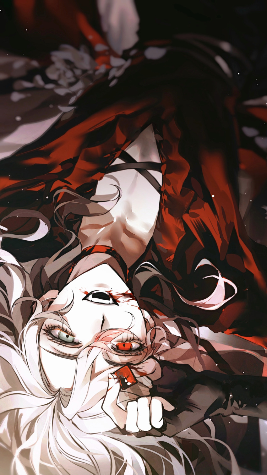 1boy, absurdres, black_gloves, blood, blood_on_mouth, chinese_commentary, choker, collarbone, colored_tips, commentary_request, curtained_hair, especiala, fangs, fingerless_gloves, frilled_shirt_collar, frills, gem, gloves, grey_eyes, hair_between_eyes, heterochromia, highres, holding, holding_gem, identity_v, long_hair, looking_at_viewer, low_neckline, lying, male_focus, mole, mole_under_mouth, multicolored_hair, on_back, red_choker, red_eyes, red_gem, richard_sterling, richard_sterling_(the_red_knight), shirt, smile, solo, upper_body, upside-down, white_hair