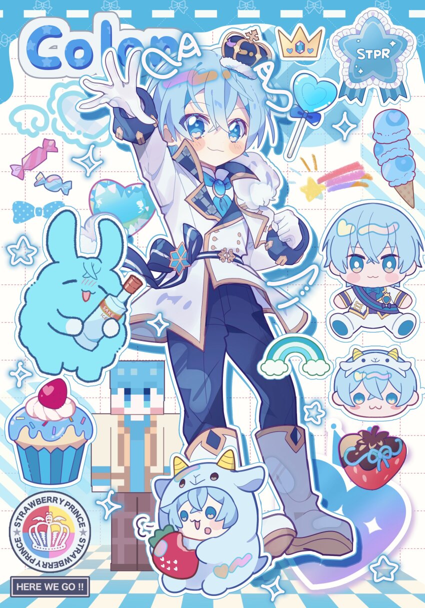 1boy, absurdres, arm_up, blue_eyes, blue_hair, blue_pants, blush_stickers, boots
