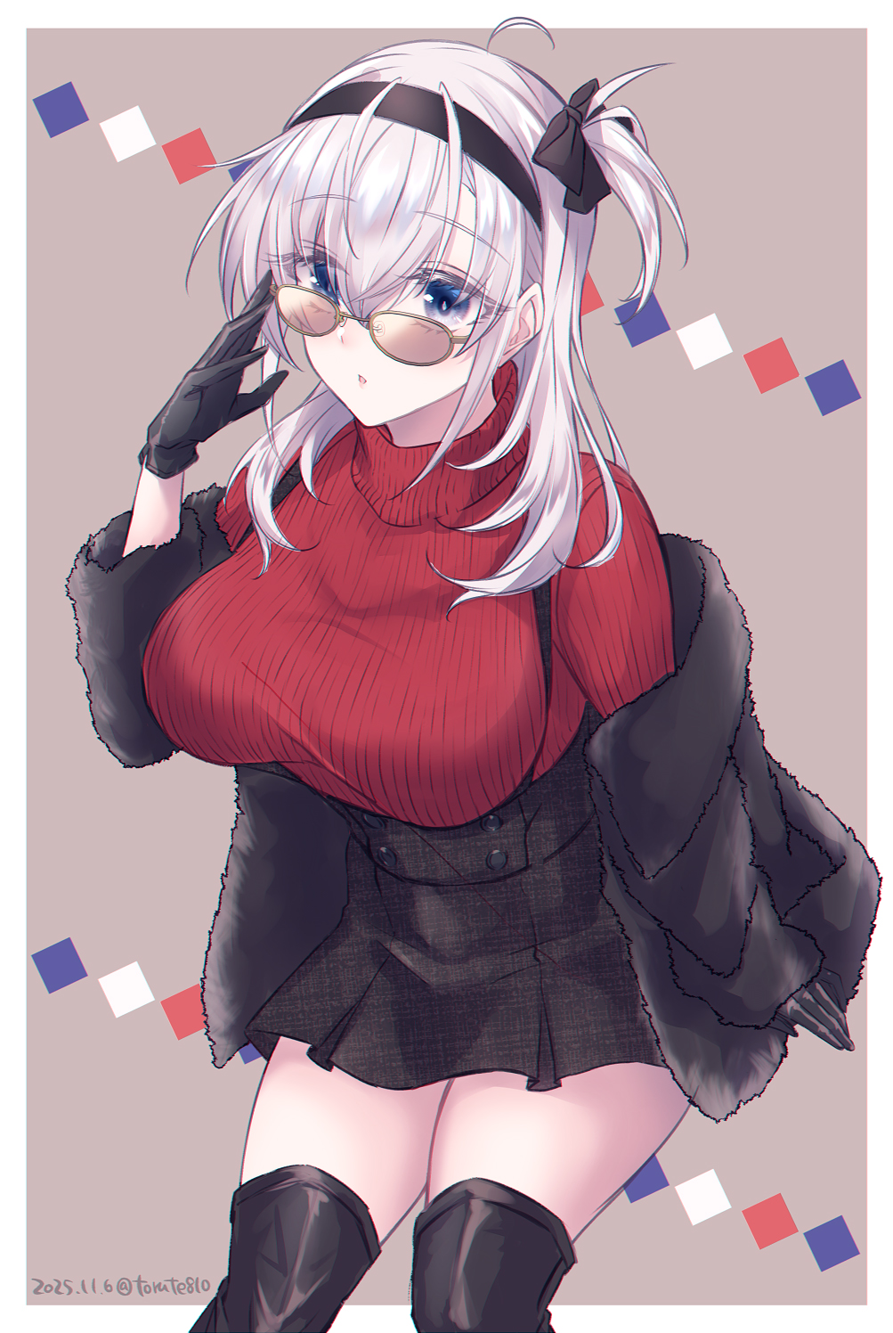 1girl, black_gloves, black_headband, black_skirt, blue_eyes, blush, boots, border