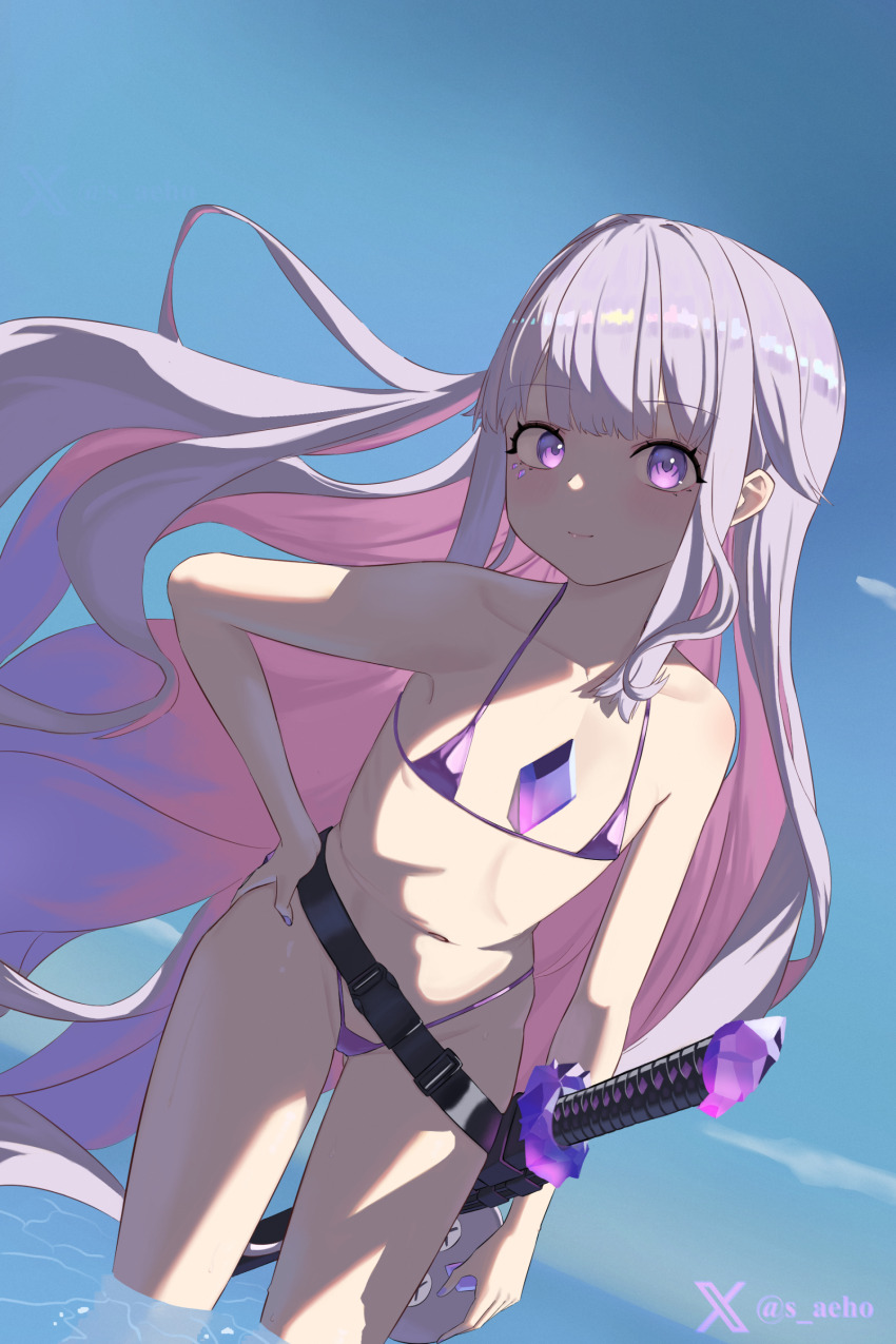 1girl, absurdres, bikini, blue_sky, closed_mouth, colored_inner_hair, day, flat_chest, gradient_hair, grey_hair, highres, hololive, hololive_english, katana, koseki_bijou, loli, looking_at_another, micro_bikini, multicolored_hair, navel, ocean, outdoors, pebble_(koseki_bijou), pink_hair, purple_bikini, purple_eyes, purple_hair, s_aeho, sky, solo, swimsuit, sword, tomato_(sword), virtual_youtuber, wading, weapon