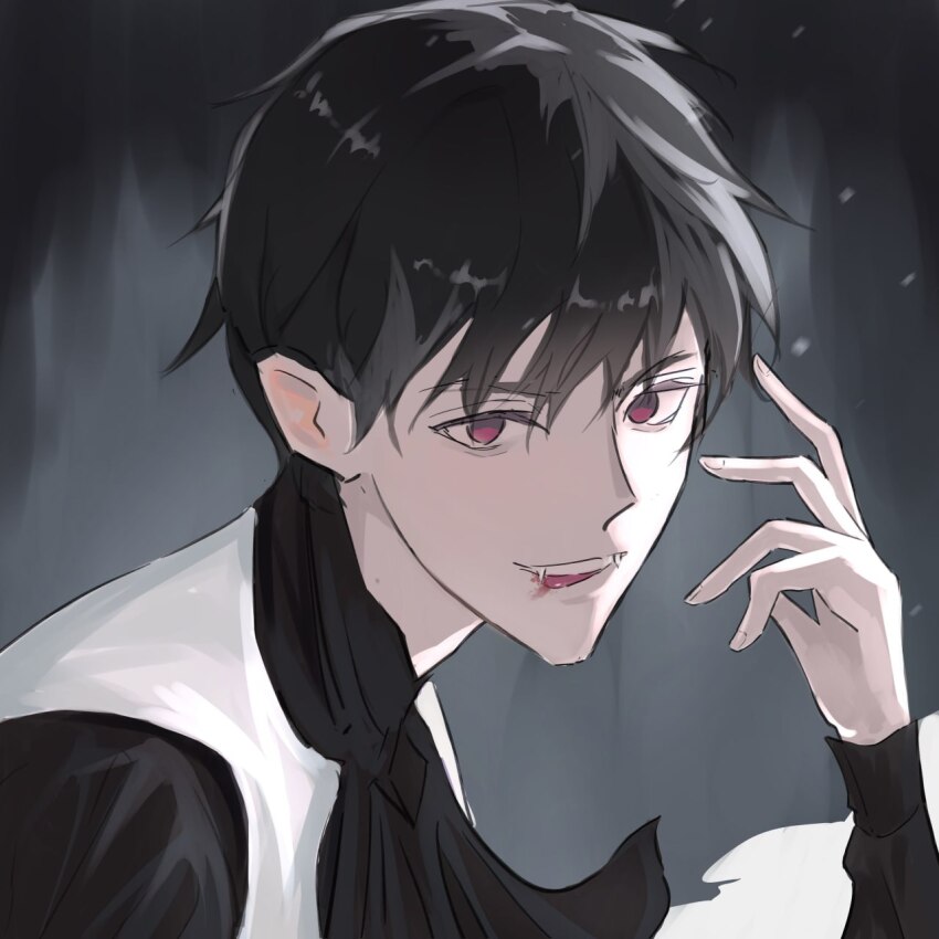 1boy, :d, aegyo_sal, black_hair, black_shirt, blood, blood_on_mouth, emosunfish, fangs, frills, hand_up, highres, kim_dokja, long_sleeves, looking_at_viewer, male_focus, omniscient_reader's_viewpoint, open_mouth, red_eyes, shirt, short_hair, smile, solo, upper_body, vest, white_vest