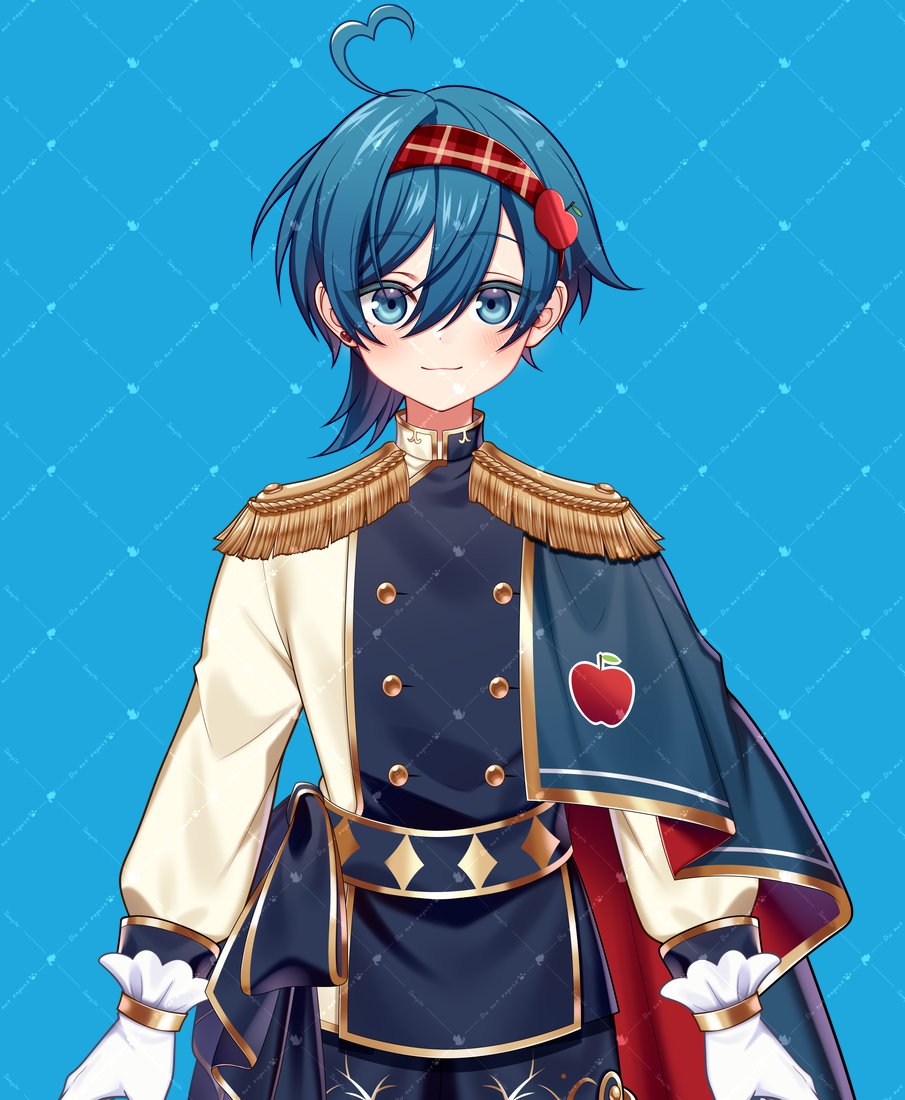 1boy, ahoge, amptakxcolors, blue_background, blue_eyes, blue_hair, blush, chiyu_(silverxxxx)