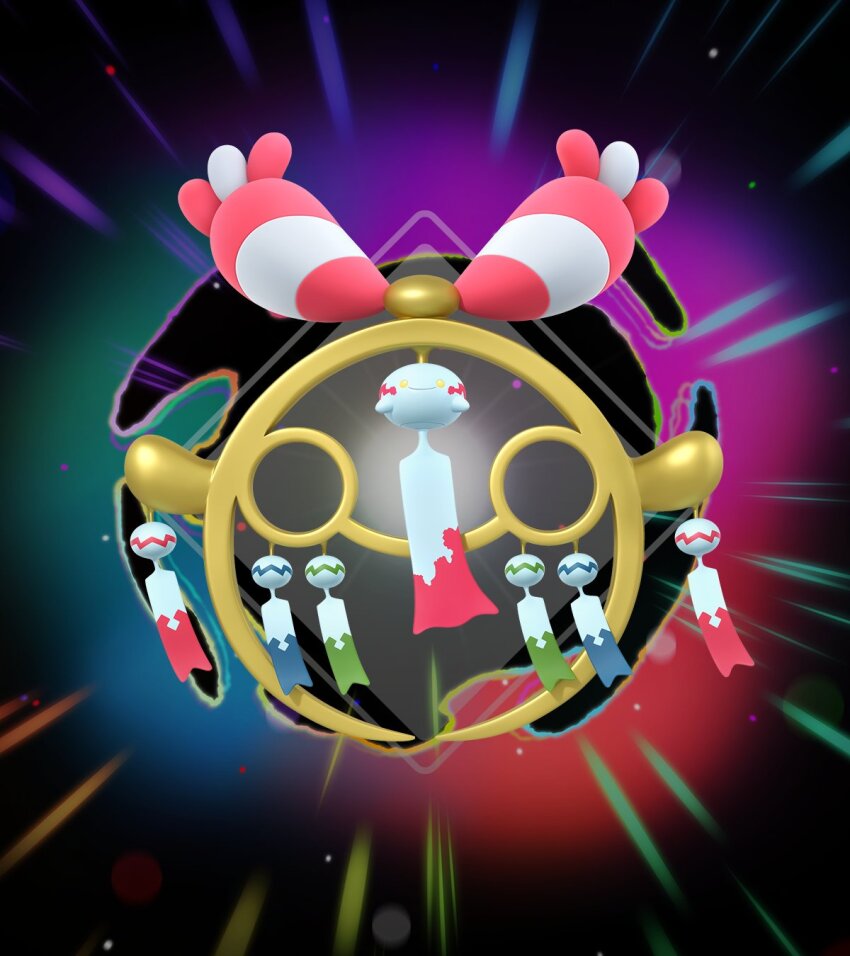 chimecho, closed_mouth, commentary_request, full_body, gen_3_pokemon, highres, mega_chimecho, mega_pokemon, nintendo, no_humans, official_art, pokemon, pokemon_(creature), pokemon_focus, pokemon_legends:_z-a, smile, solo, wind_chime, yellow_eyes