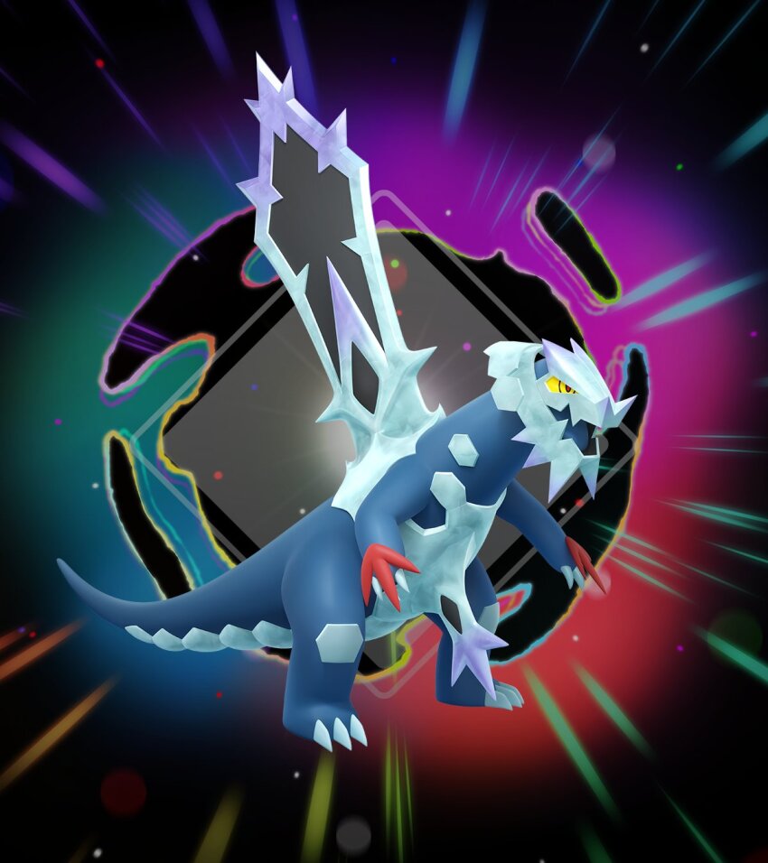 baxcalibur, claws, colored_sclera, commentary_request, dragon, fangs, full_body, highres, mega_baxcalibur, mega_pokemon, nintendo, no_humans, official_art, open_mouth, pokemon, pokemon_(creature), pokemon_focus, pokemon_legends:_z-a, red_eyes, skin_fangs, solo, spine, spines, tail, yellow_eyes, yellow_sclera