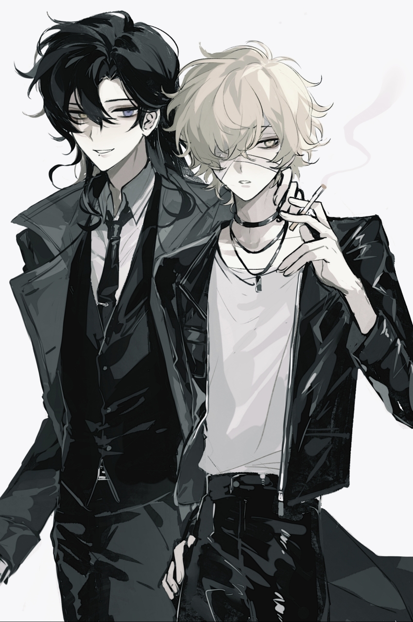 2boys, absurdres, bandage_over_one_eye, bandages, black_hair, black_jacket, black_necktie, black_pants