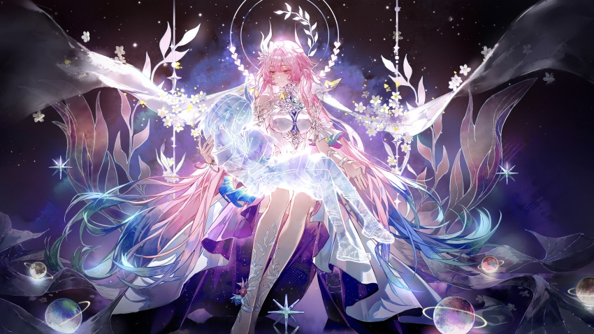 2girls, absurdres, bare_shoulders, blue_hair, breasts, cyrene_(philia093)_(honkai:_star_rail), cyrene_(honkai:_star_rail), cyrene_(demiurge)_(honkai:_star_rail), dress, dual_persona, fengjian_yuzhi, flower, hair_flower, hair_ornament, halo, highres, honkai:_star_rail, honkai_(series), incredibly_absurdres, large_breasts, multicolored_hair, multiple_girls, on_swing, planetary_ring, planted, pointy_ears, sky, space, star_(sky), starry_sky, swing, two-tone_hair, white_dress