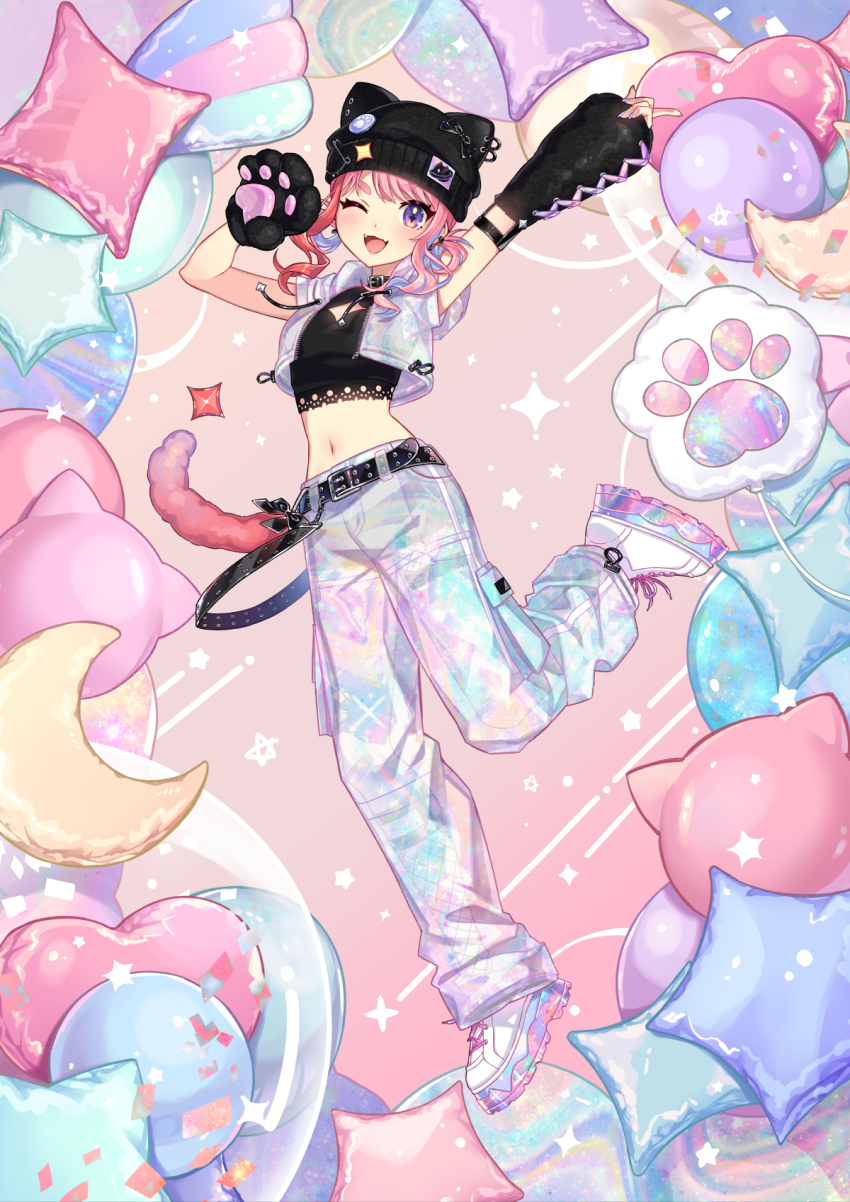 1girl, ;d, animal_ears, animal_hands, animal_hat, arm_up, balloon, beanie