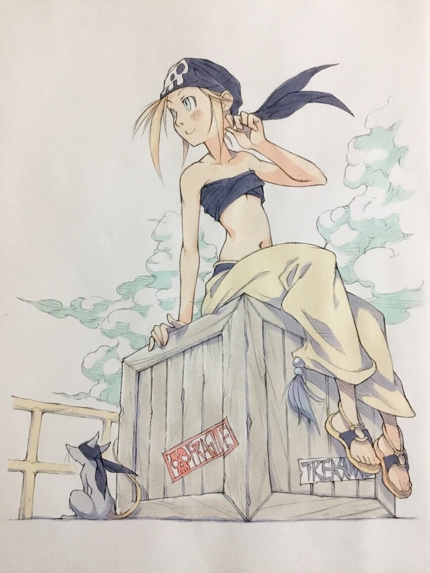 1girl, animal, bandana, bandeau, bare_arms, bare_shoulders, black_bandana, black_bandeau